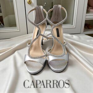 Caparros Silver Rhinestone Dress 4" High Heels Size 8.5 Open Toe Shoes NIB